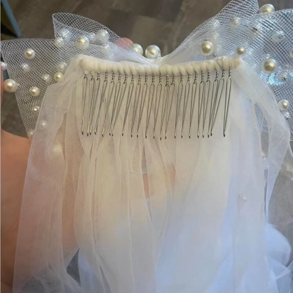 Pearl bow long veil bridal wedding boho chic